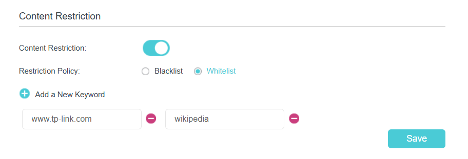 Content Restriction settings with Whitelist selected. Add and remove buttons available. Save button on the right.
