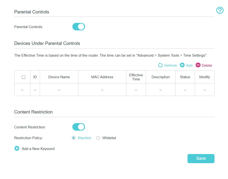 Parental Controls settings page with toggle on. Content Restriction toggle is on, using Blacklist policy. Empty devices table with buttons: Refresh, Add, Delete, Add a New Keyword, and Save.