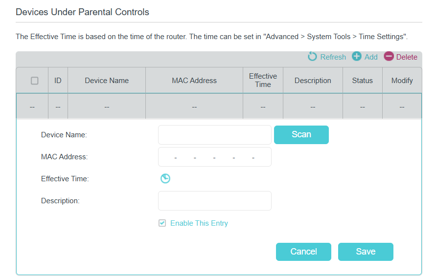 Parental Controls page with empty device table. Fields for Device Name, MAC Address, Effective Time, and Description. Buttons: Refresh, Add, Delete, Scan, Cancel, Save. Enable checkbox is off.