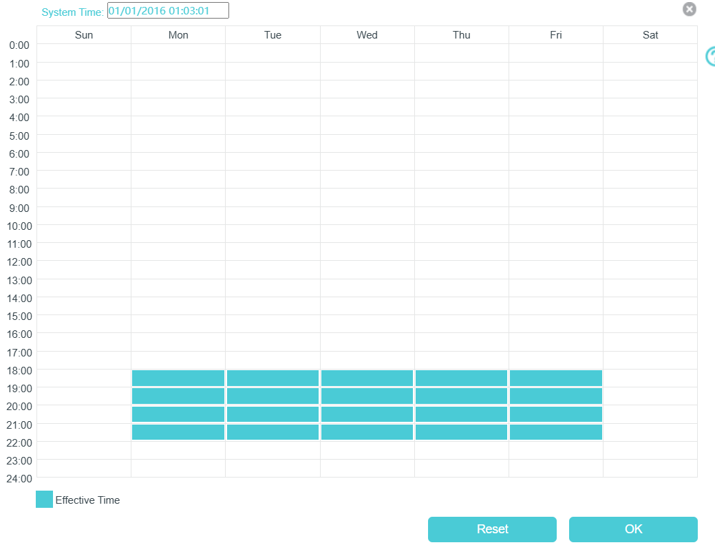 Time schedule grid showing effective time from 6:00 PM to 10:00 PM daily.