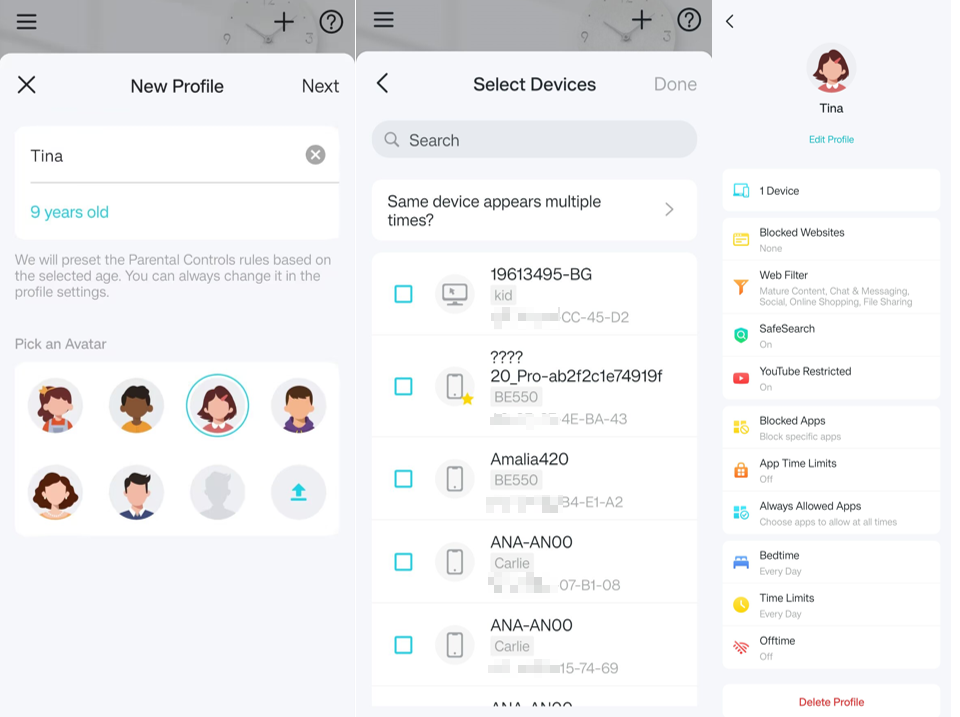 Interface for creating a child’s profile, showing avatar selection, age input, and parental control settings.