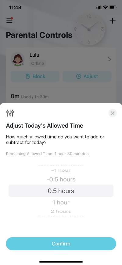 Parental controls interface with "Adjust Today's Allowed Time" pop-up, showing time adjustment options and a "Confirm" button.
