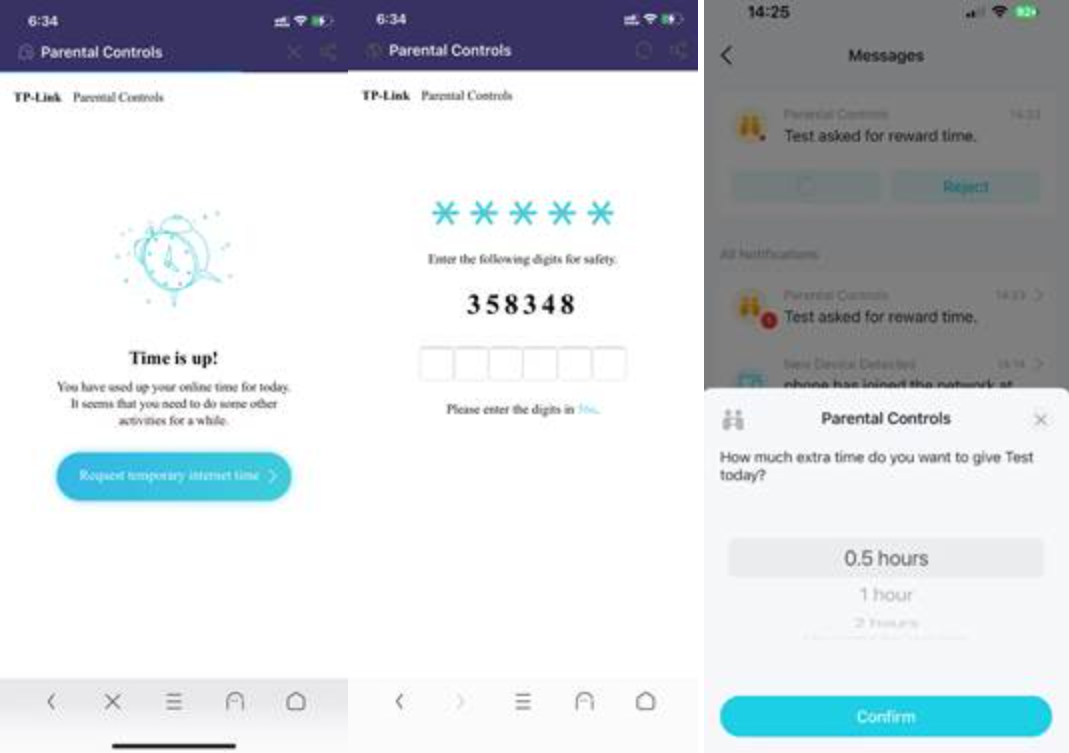 Three screens showing Parental Controls features. Left: "Time is up" message with "Request temporary internet time" button. Middle: Safety digits entry screen. Right: Message asking how much extra time to grant (0.5 hours selected), with Confirm button.