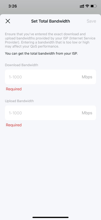 Setting download and upload bandwidth, with "Required" labels.