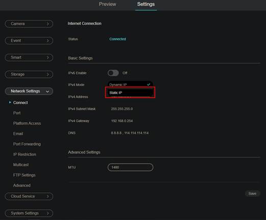 Location to select static IP.