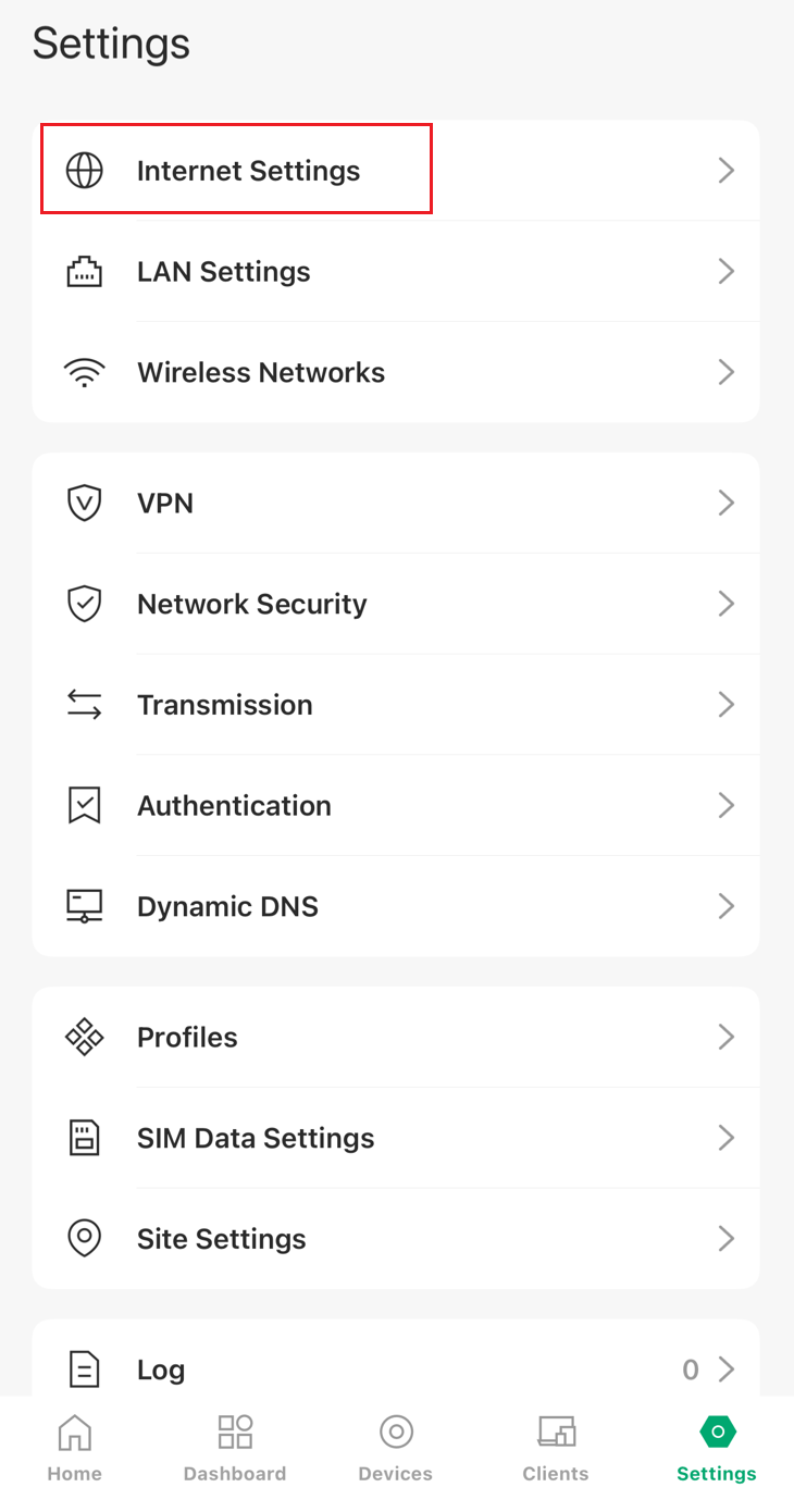 Internet Settings in the settings page.