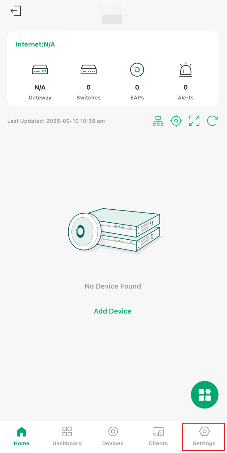 The Settings icon at the lower right of the home page.