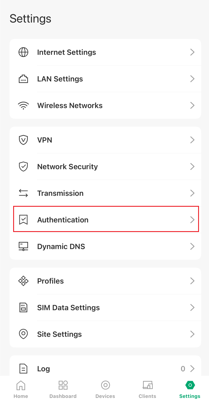 The Authentication in the Settings page.