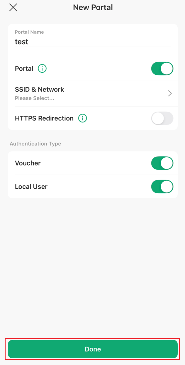 The portal configuration page and Done icon at the bottom.