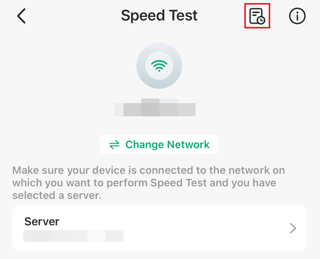 The History button at the top right of the Speed Test page.