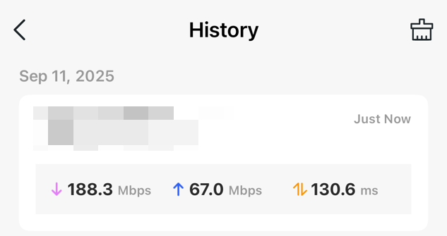 Speed test history page.