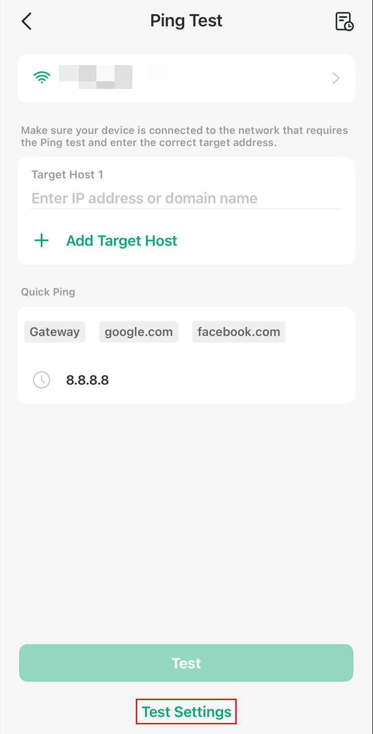 Ping Test configuration page and the Test Settings button at the bottom.