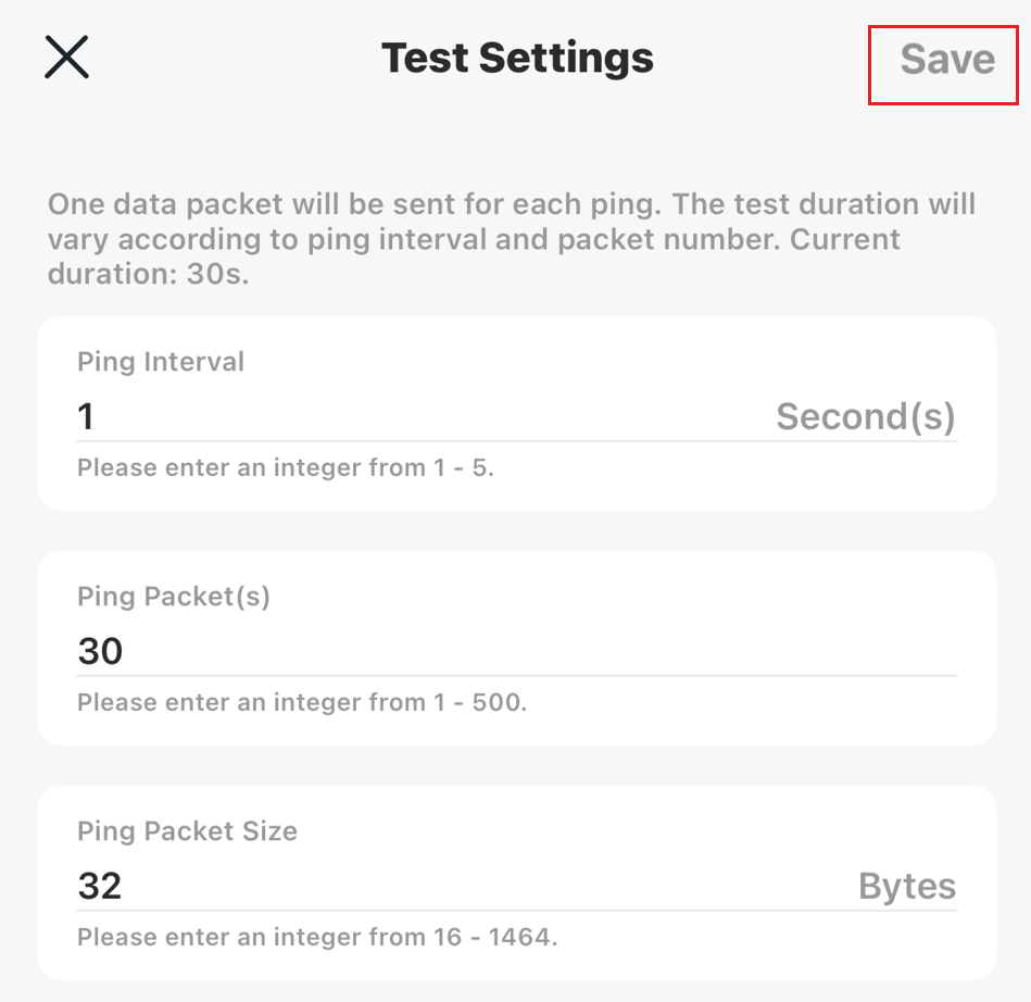The Test Settings page.