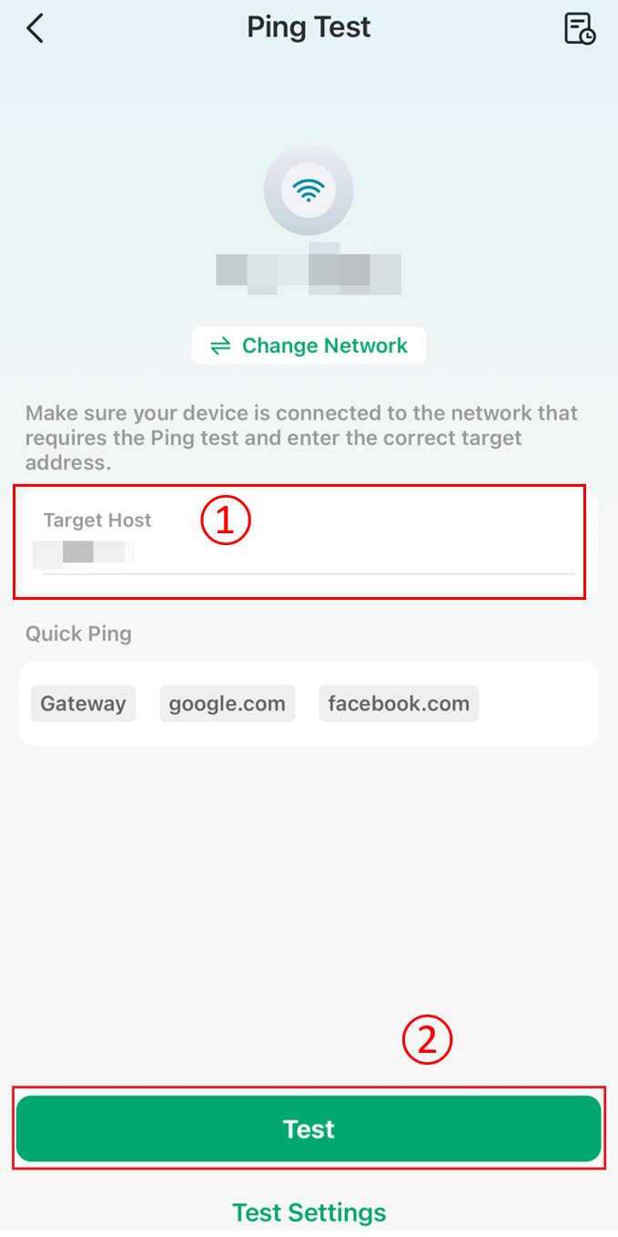 Target Host in the Ping Test configuration page and the test button at the bottom.