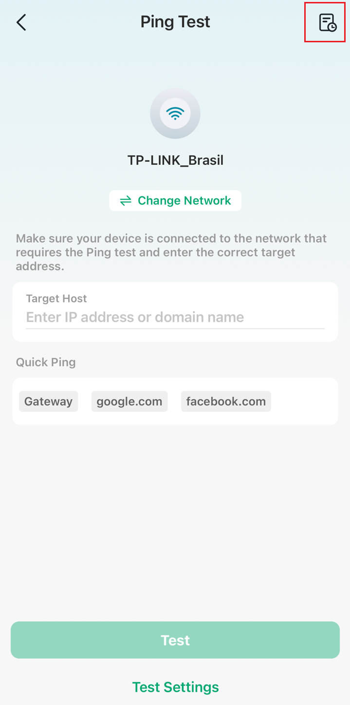 Ping Test configuration page and the History button at the top right.