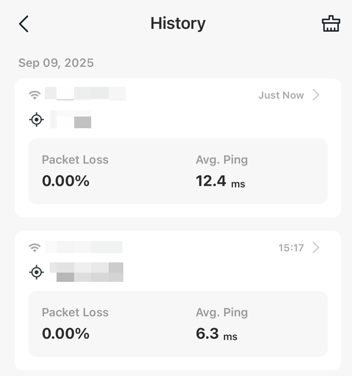 Ping test history page.