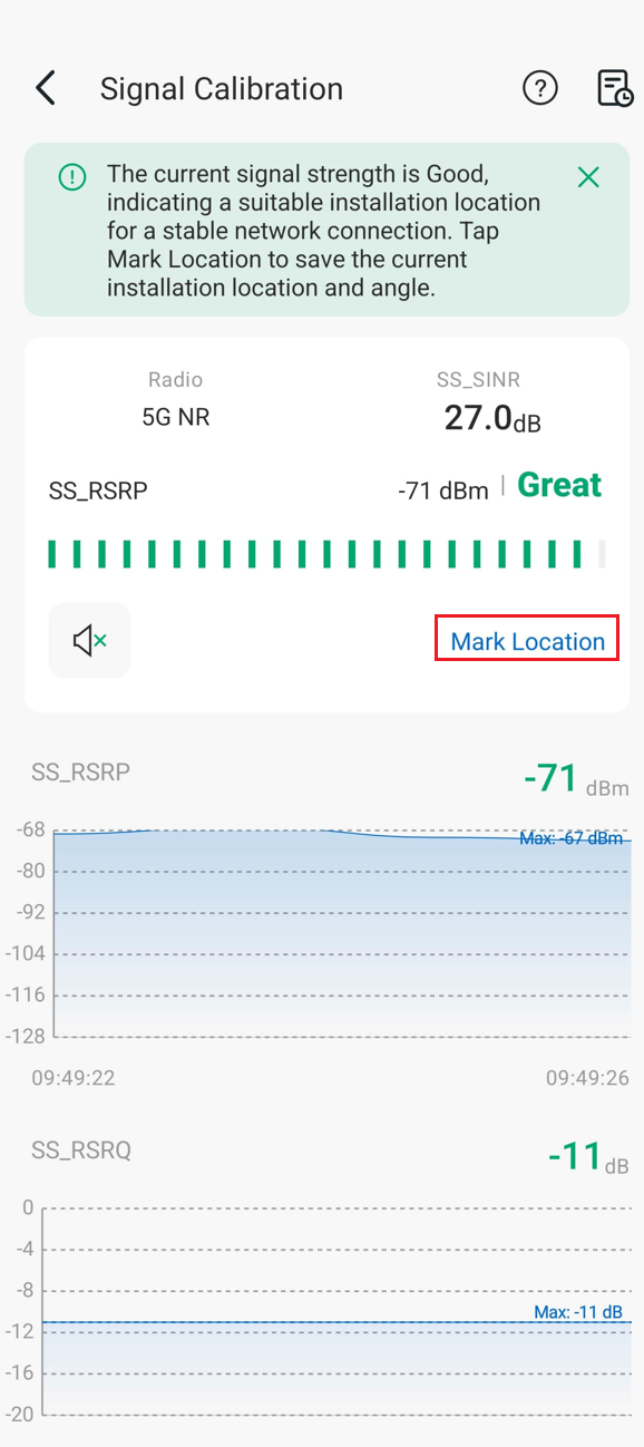 Result of the calibration and the Mark Location button.