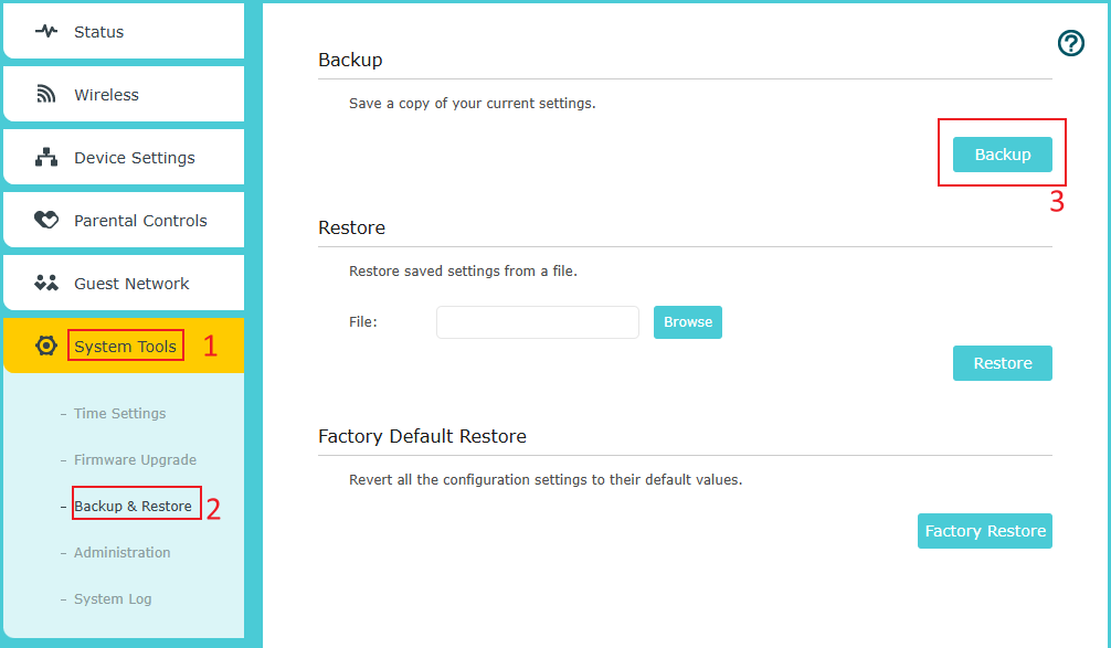 “Backup” button on the web page.