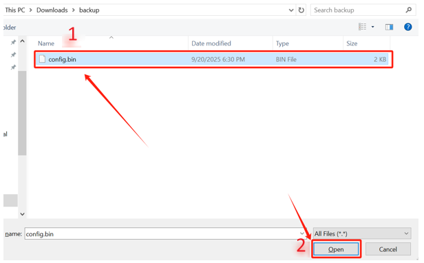 The File selection window shows choosing the PLC backup file and clicking “Open” to proceed.