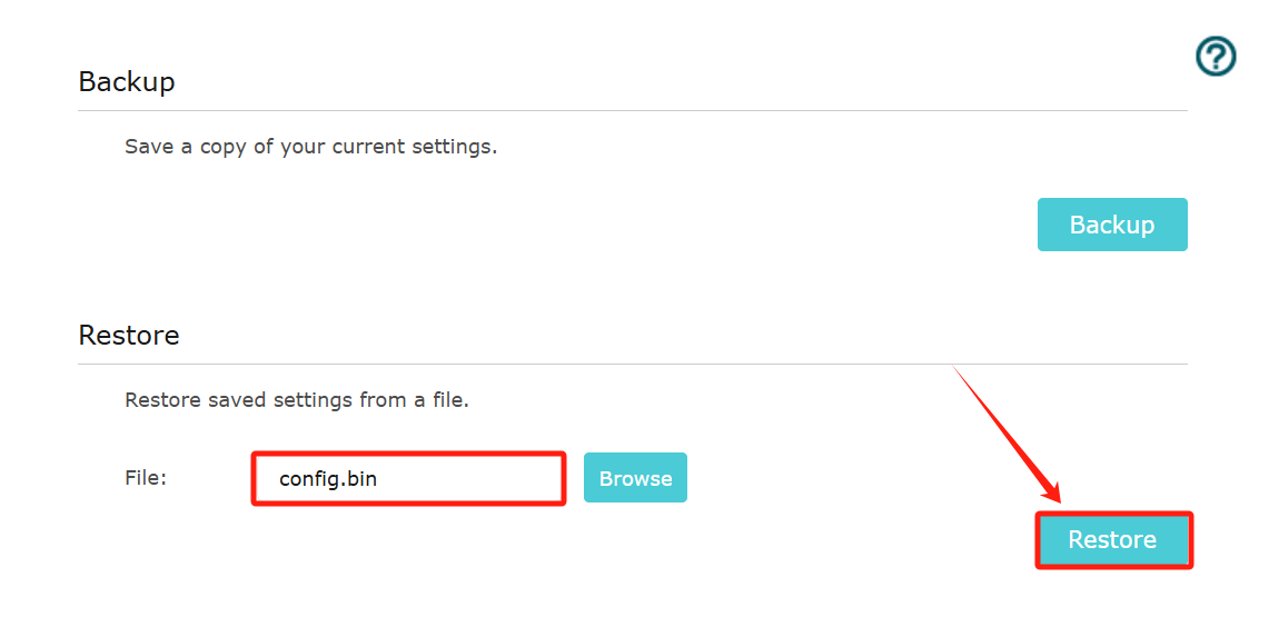 The File blank is filled with the backup file name, and the “Restore” button on the page.