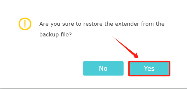 The page asking whether to restore the extender from the backup file.