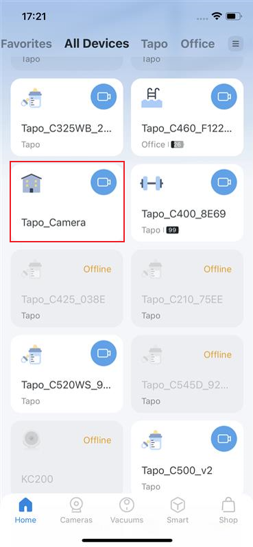 The device card on the camera page.    
