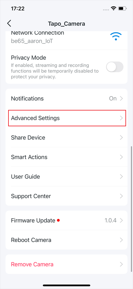 The Advanced Settings position in the app.