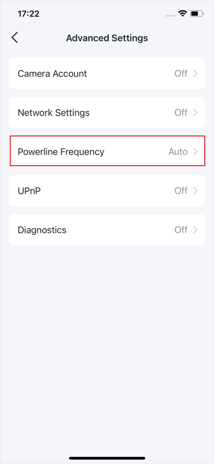 The Powerline Frequency position in the app. 