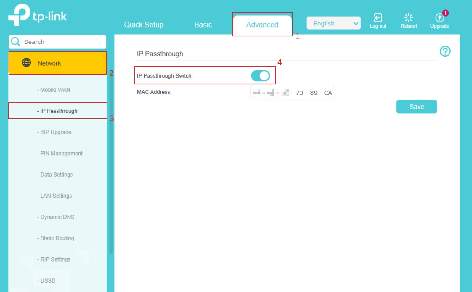 The location to enable IP Passthrough Switch.