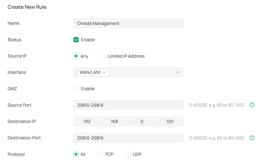Port Forwarding configuration for the ports used for device discovery, adoption, management, and upgrade.