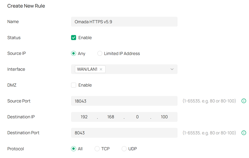 Port Forwarding configuration for the ports used for web management and portal (v5.9 and above).
