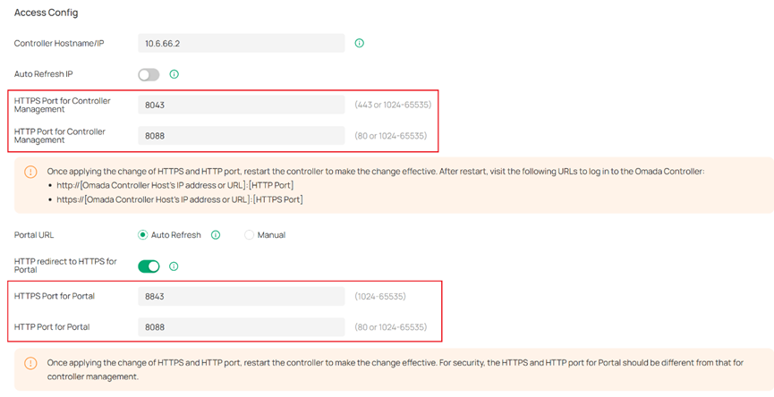 Port configuration page in controller.