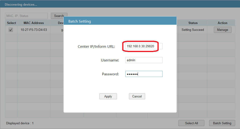 Batch setting page in Omada Discovery Utility.