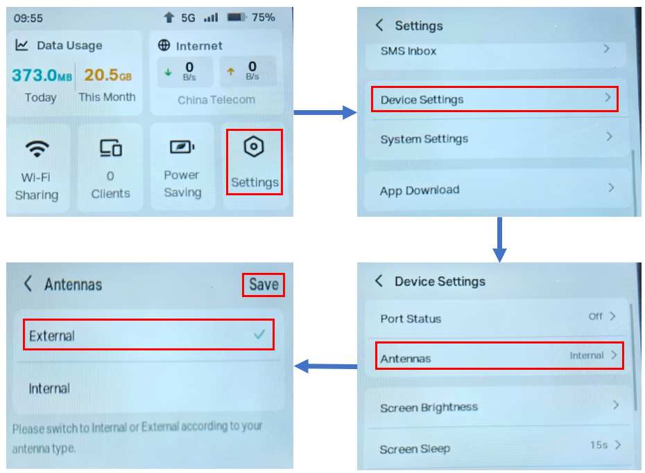 Instructions for opening the external antenna via the touch screen.