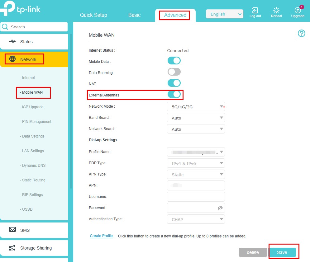 Open the external antenna guide on the web management page.