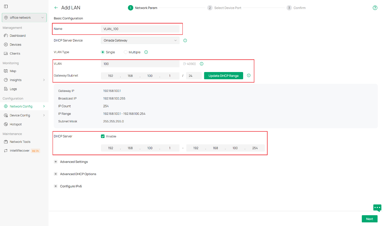Columns in which you need to fill to configure a new VLAN when Omada gateways works as DHCP server.