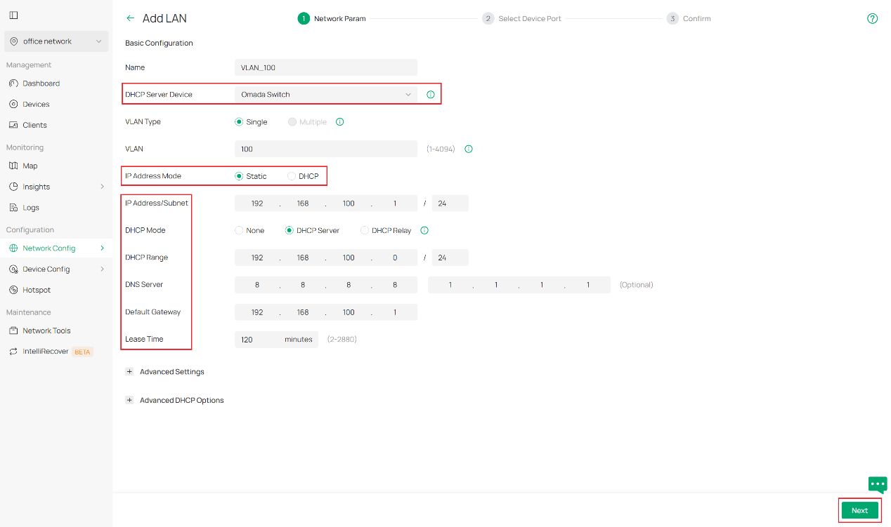 Columns in which you need to fill to configure a new VLAN when Omada switch works as DHCP server.