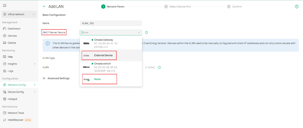 Settings when you try to configure with external DHCP server or without DHCP server.