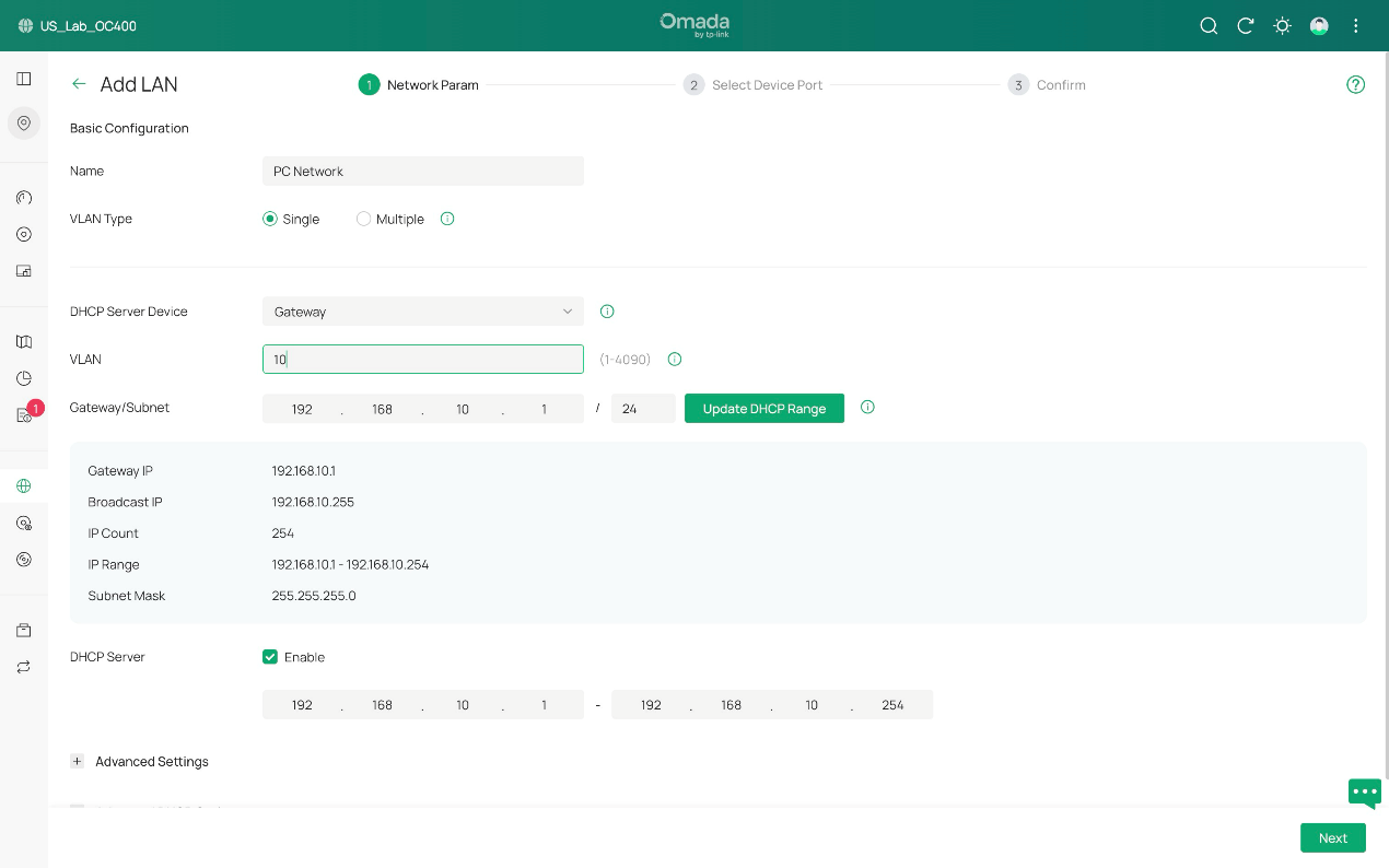 We choose gateway as DHCP server, creating VLAN 10 as we need in this instance.