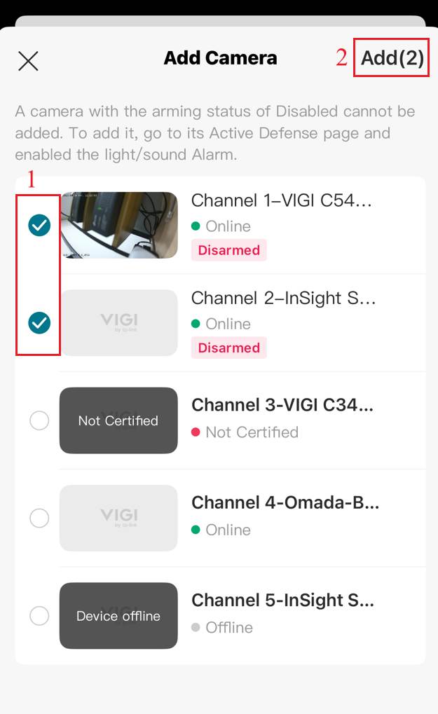 Select the cameras for custom active defense alarm.