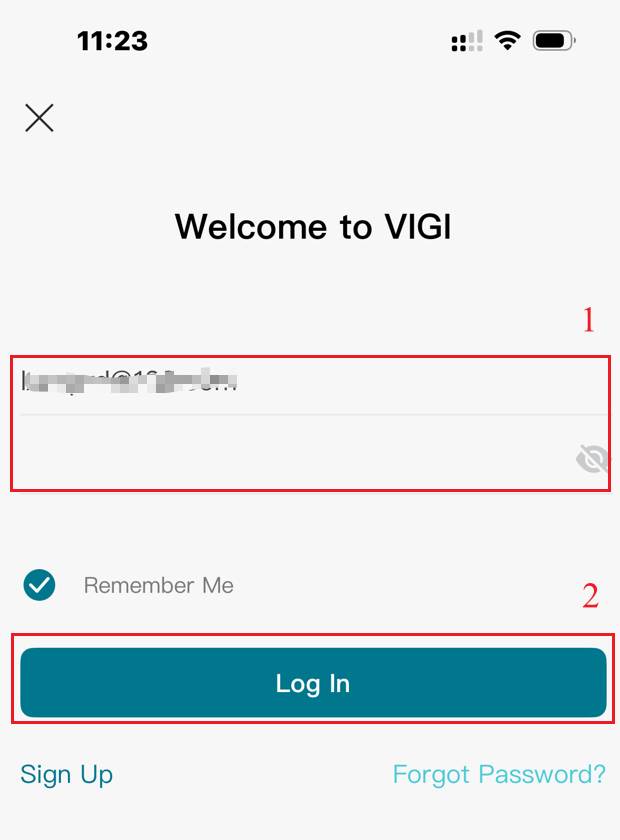 The login page of VIGI APP.
