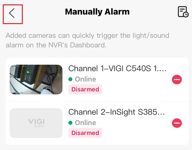 Return to NVR Dashboard from the Manually Alarm page.