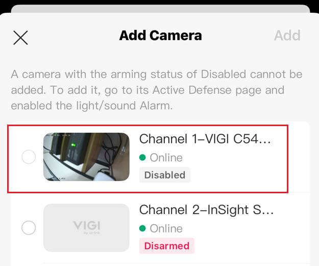 Arming Status of Disabled cannot be added.
