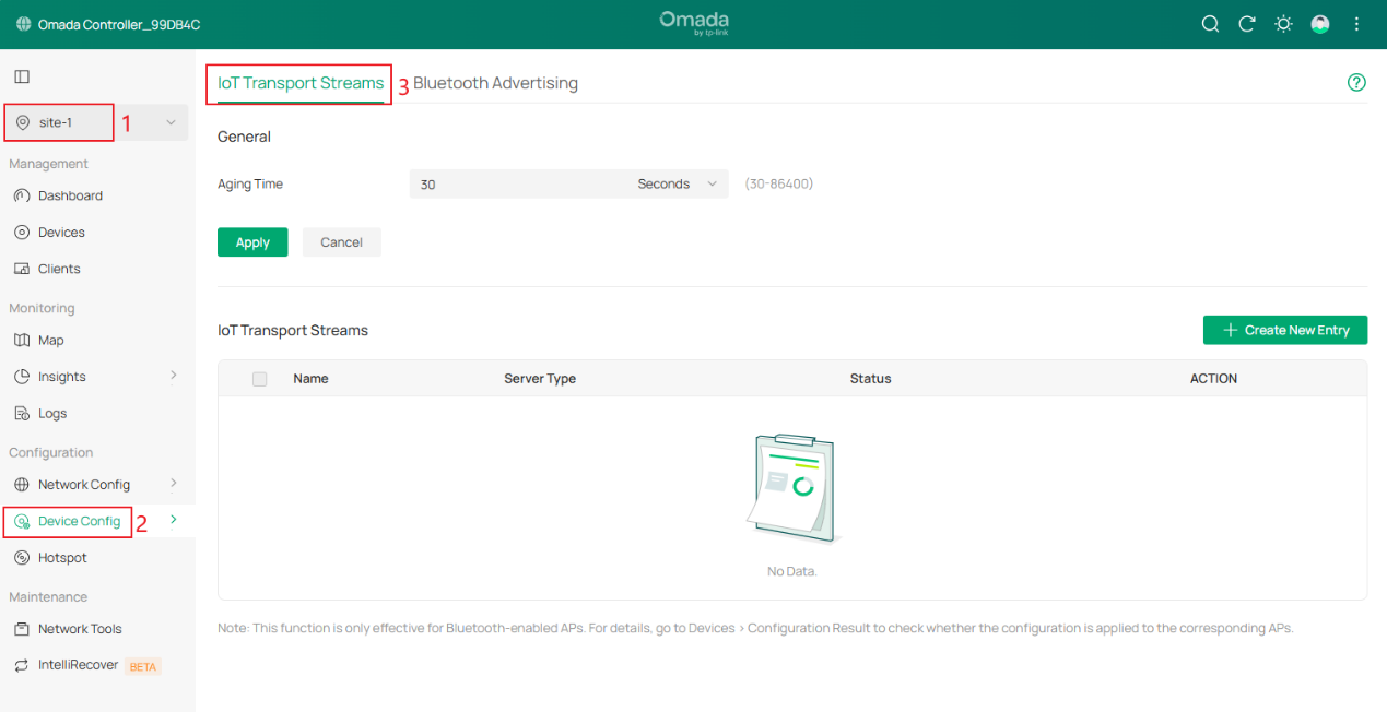 The IoT Transport Steams page.