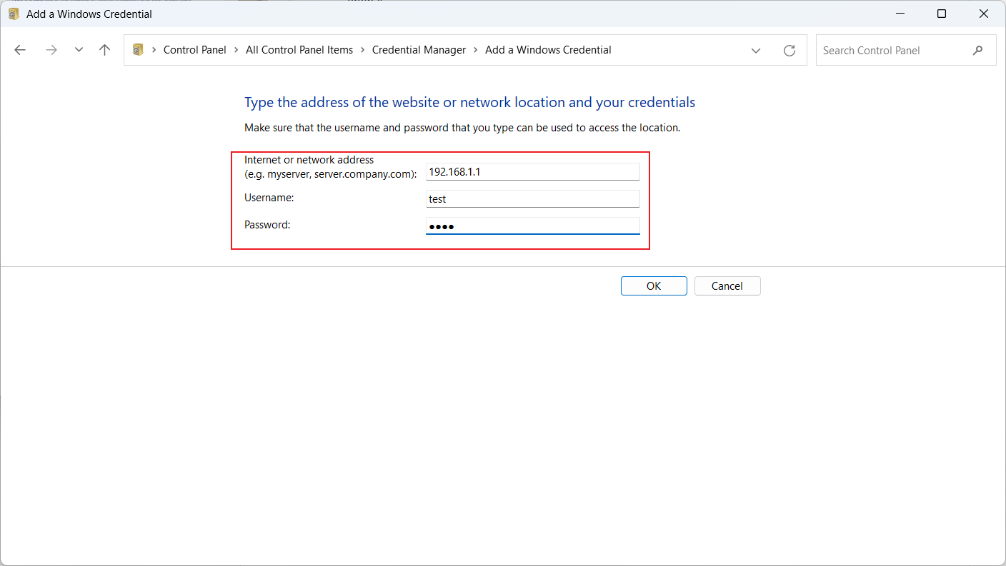 Enter the information to add a Windows credential.