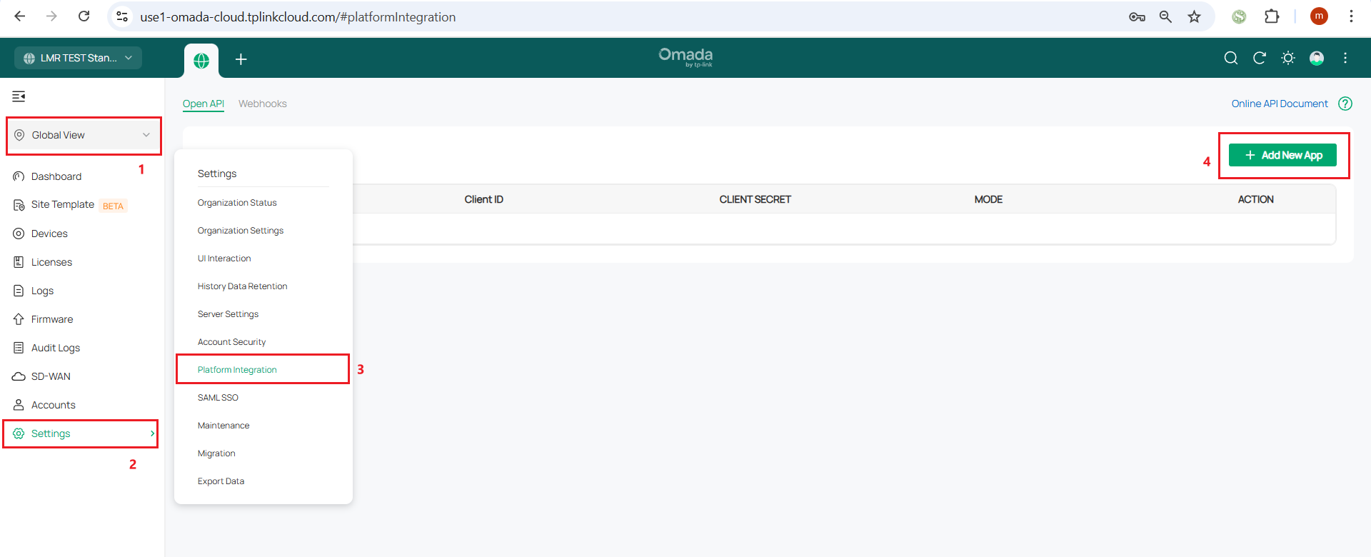 Open API page and Add New App icon at the top right of the page.