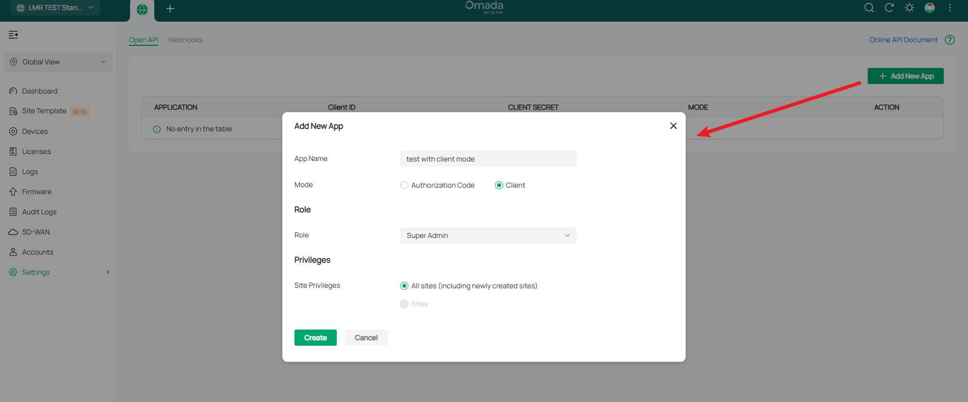 New App configuration page.