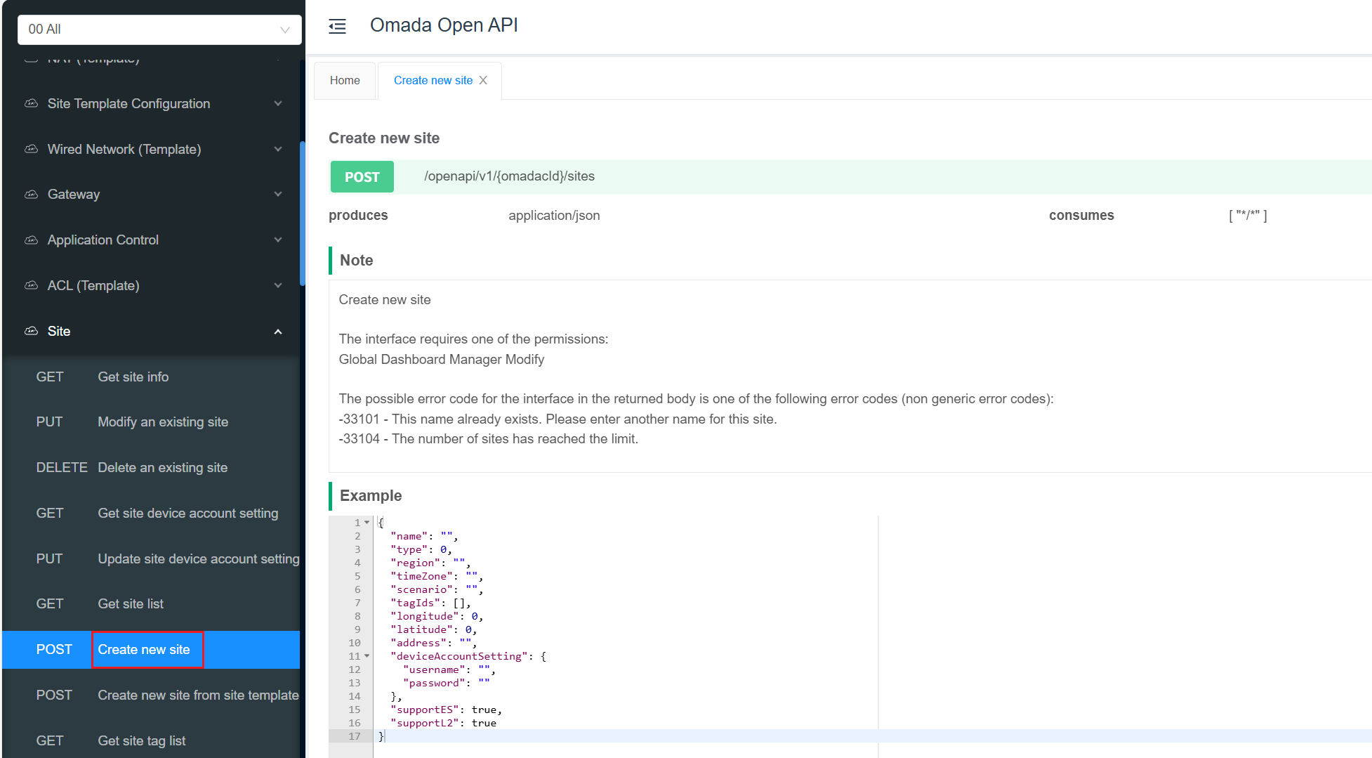 Create new site API in document.