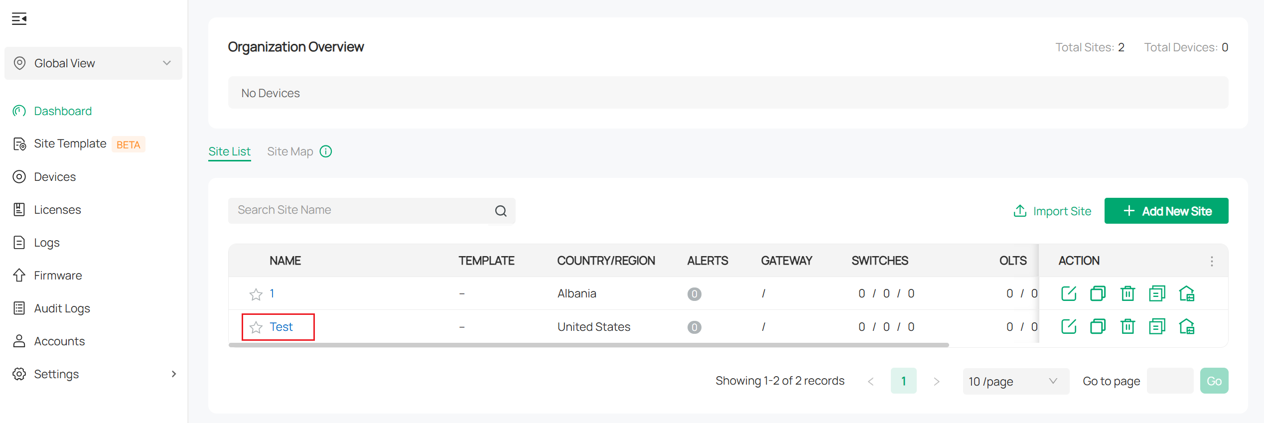 Newly created site appears in the site list.
