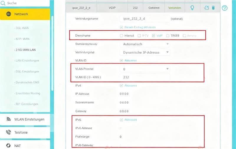 VOIP connection configuration.